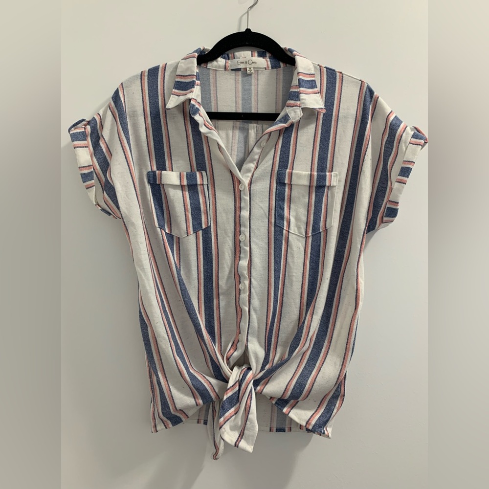 Pink, blue, and white striped shirt